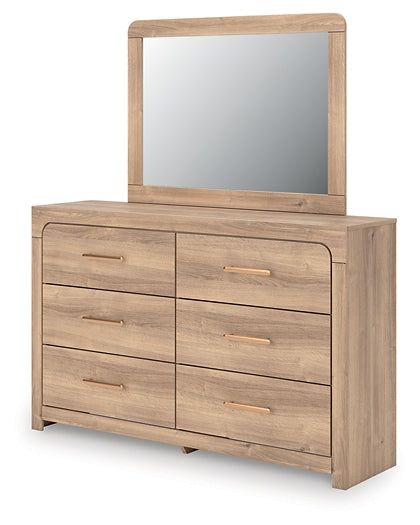 Kinlanni  Upholstered Panel Bed, Dresser And Mirror