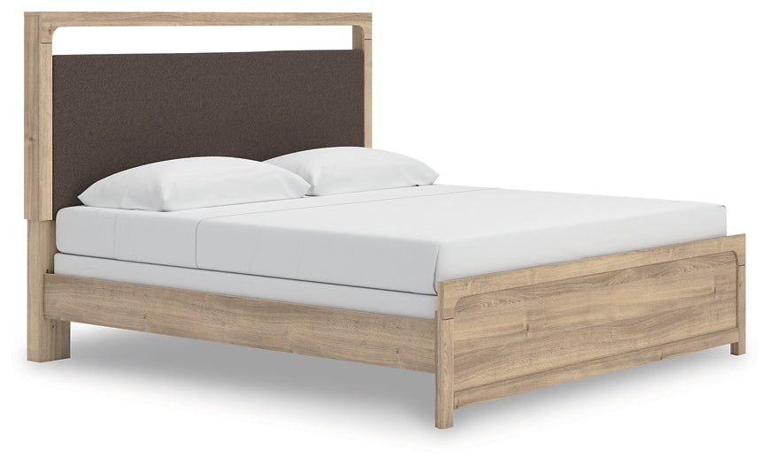 Kinlanni  Upholstered Panel Bed, Dresser And Mirror