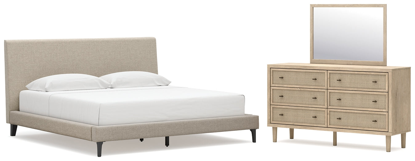 Cielden  Upholstered Bed With Roll Slats, Dresser And Mirror