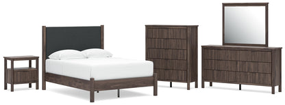 Pamytta  Upholstered Panel Platform Bed, Dresser, Mirror, Chest And Nightstand