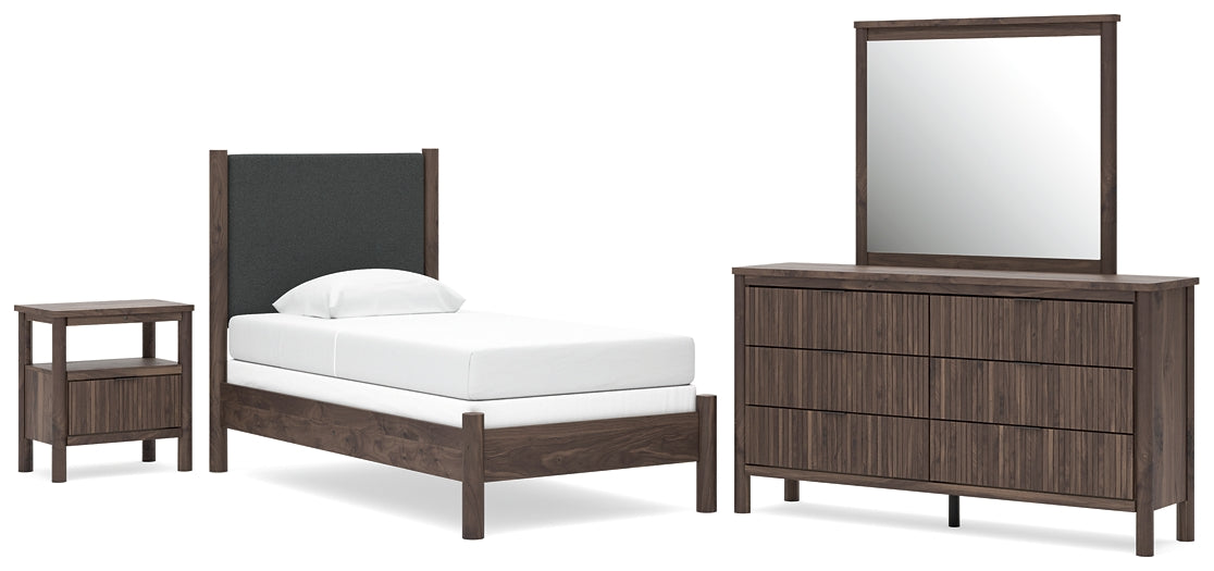 Pamytta  Upholstered Panel Bed, Dresser, Mirror And Nightstand