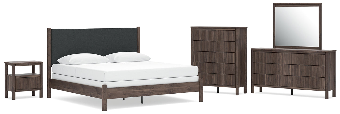 Pamytta  Upholstered Panel Bed, Dresser, Mirror, Chest And Nightstand