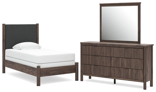 Pamytta  Upholstered Panel Bed, Dresser And Mirror