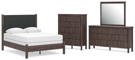 Pamytta  Upholstered Panel Bed, Dresser And Mirror