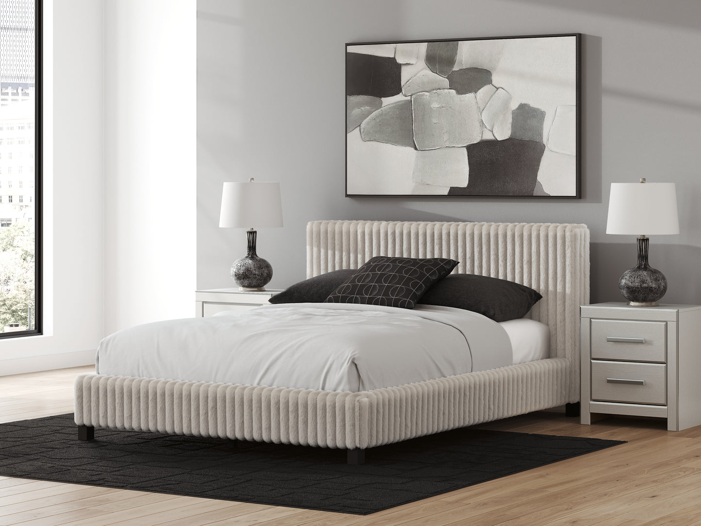Zuraleus  Upholstered Bed, Dresser, Mirror And Nightstand