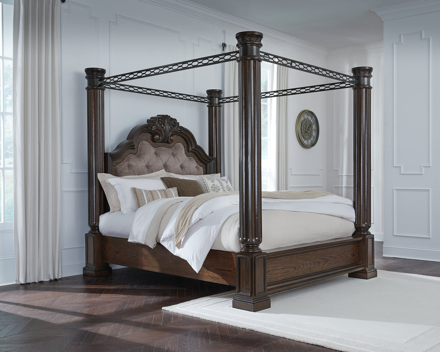 Maylee  Canopy Bed, Dresser, Mirror, Chest And Nightstand