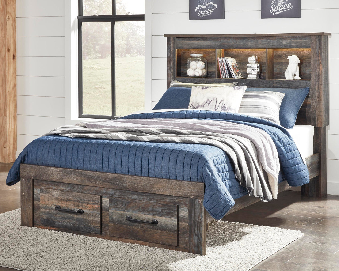 Drystan  Bookcase Bed With 2 Storage Drawers, Dresser, Mirror, Chest And Nightstand