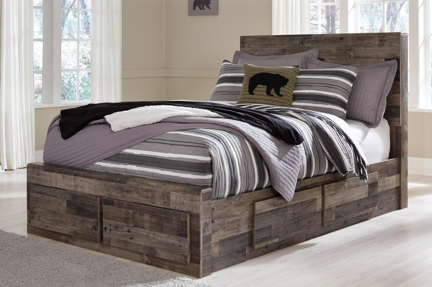 Derekson  Panel Bed With 6 Storage Drawers With Mirrored Dresser