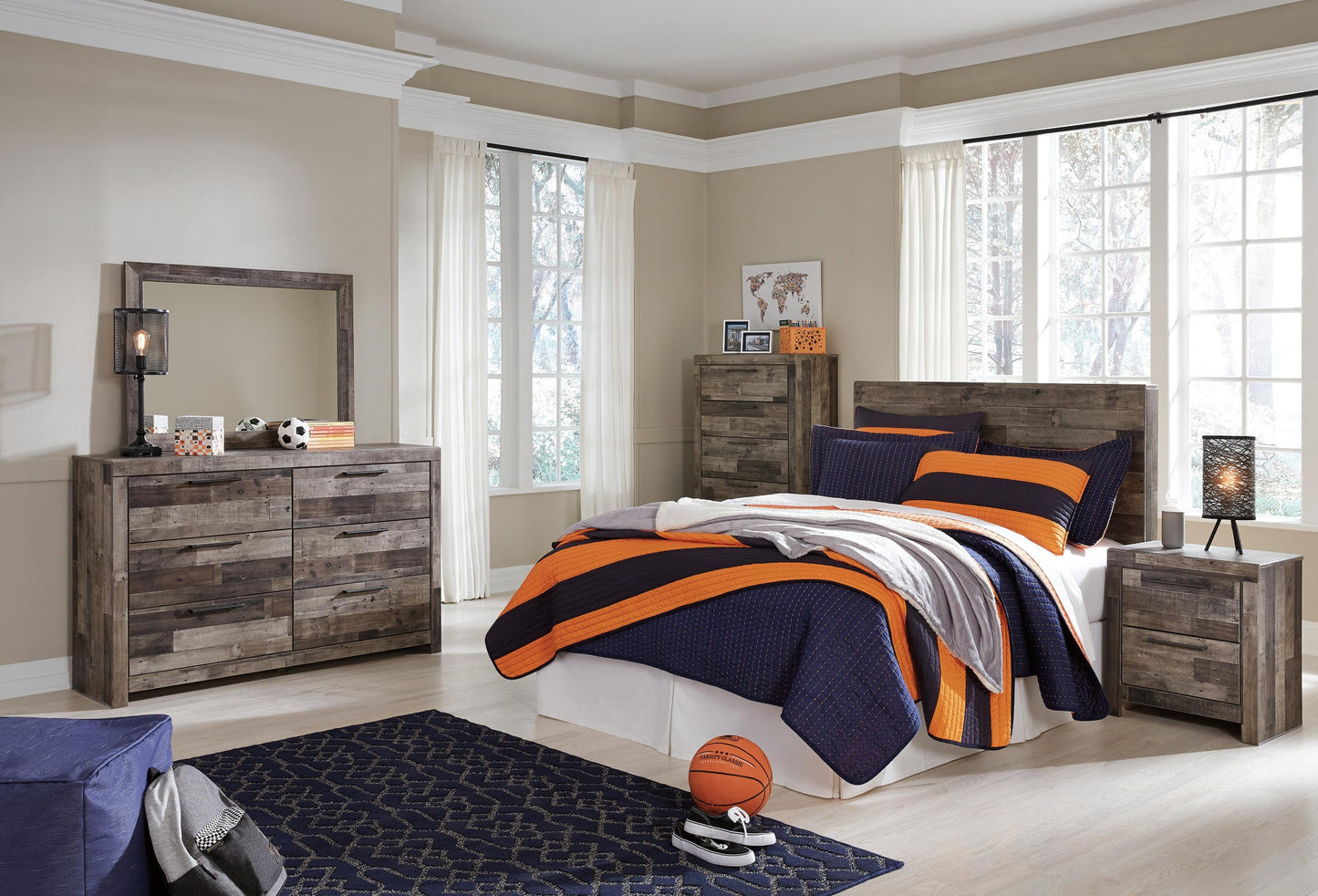 Derekson  Panel Headboard Bed With Mirrored Dresser, Chest And Nightstand