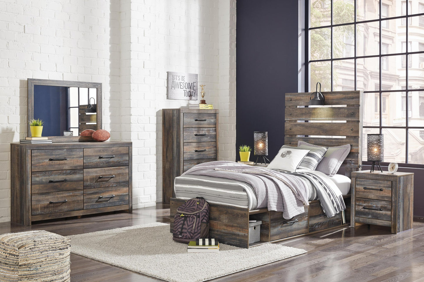 Drystan  Panel Headboard Bed With Mirrored Dresser, Chest And Nightstand