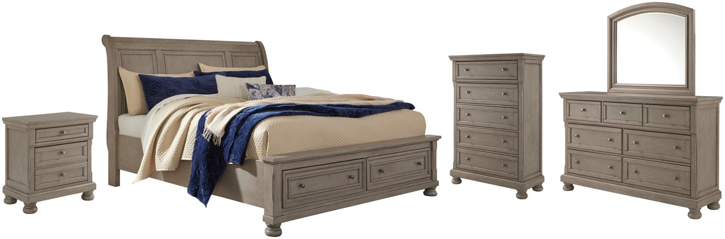 Lettner California  Sleigh Bed With Mirrored Dresser, Chest And Nightstand