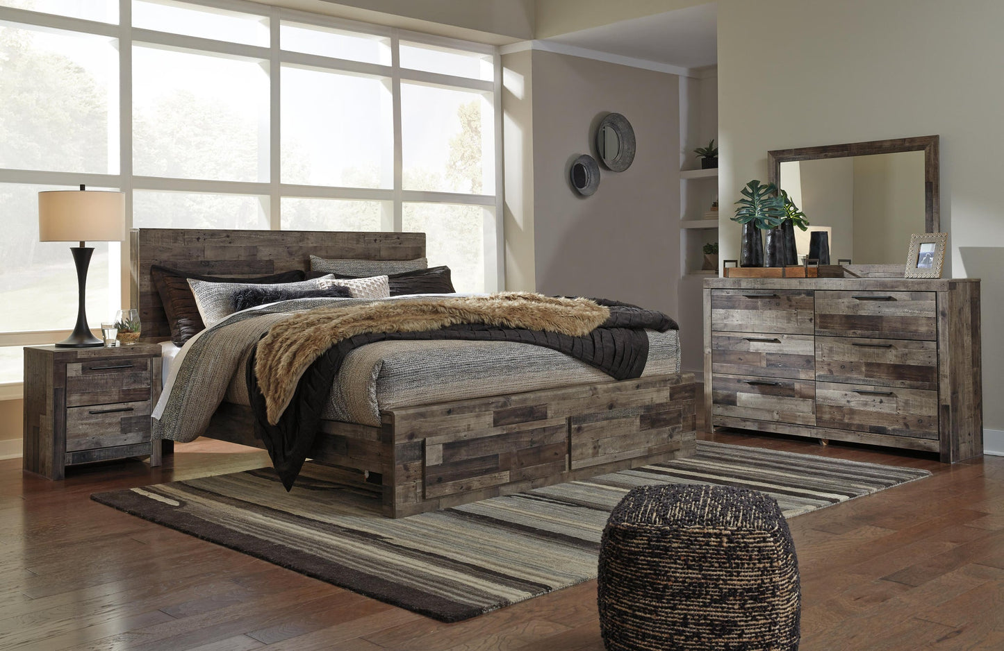 Derekson  Panel Bed With 2 Storage Drawers With Mirrored Dresser And Nightstand