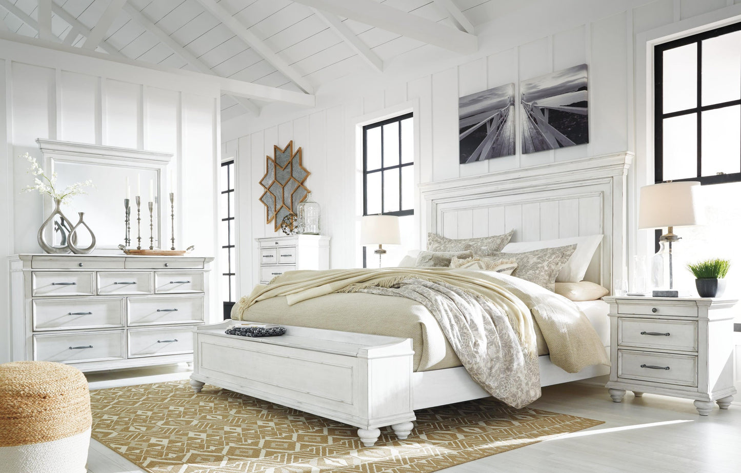 Kanwyn  Panel Bed With Storage With Mirrored Dresser
