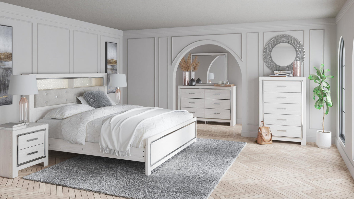 Altyra  Bookcase Headboard Bed With Mirrored Dresser, Chest And Nightstand