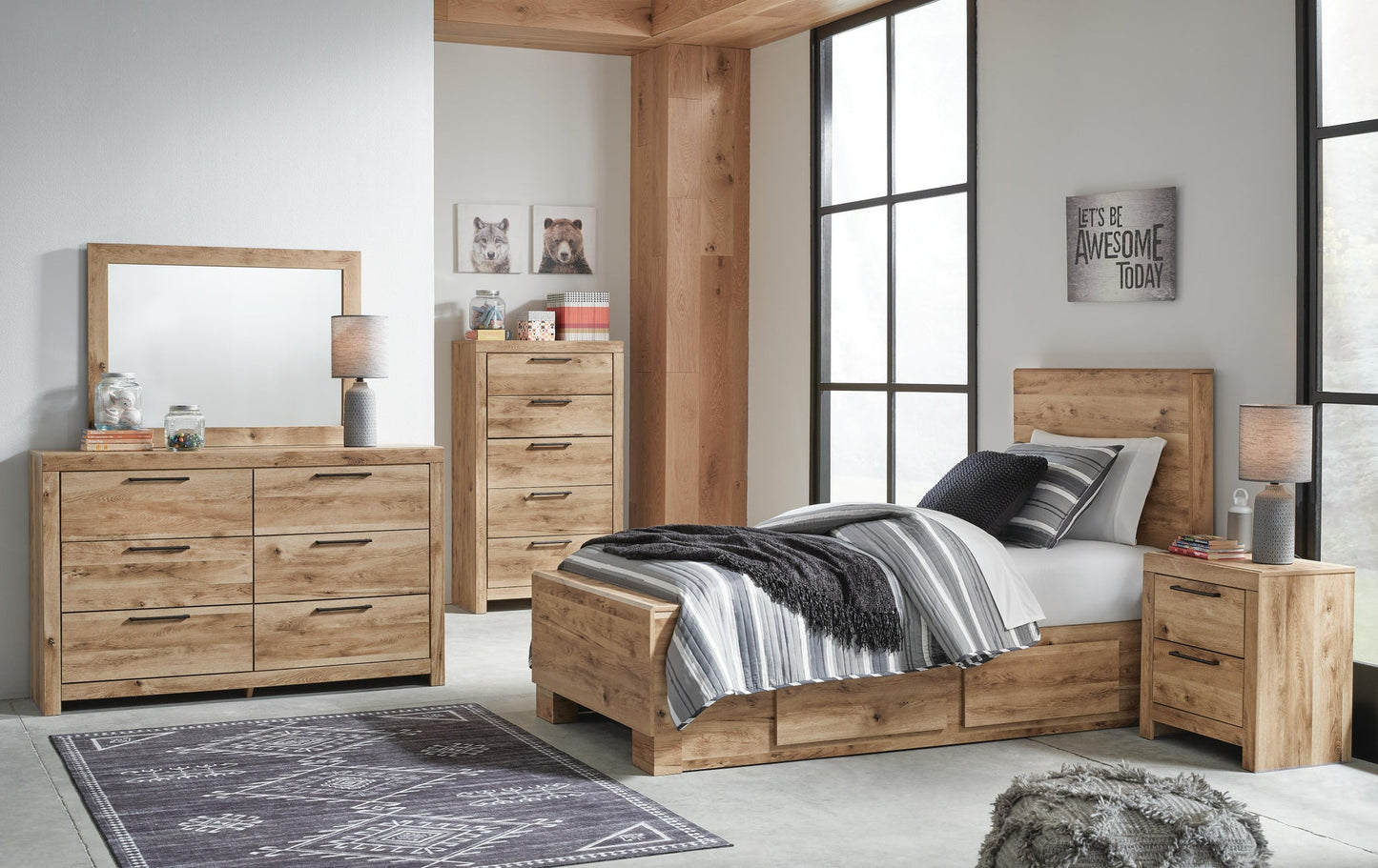 Hyanna  Panel Bed With 1 Side Storage, Dresser, Mirror, Chest And Nightstand