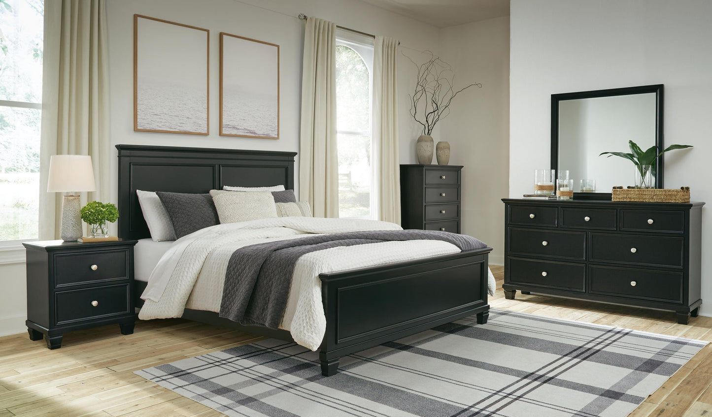 Lanolee  Panel Bed With Mirrored Dresser, Chest And Nightstand