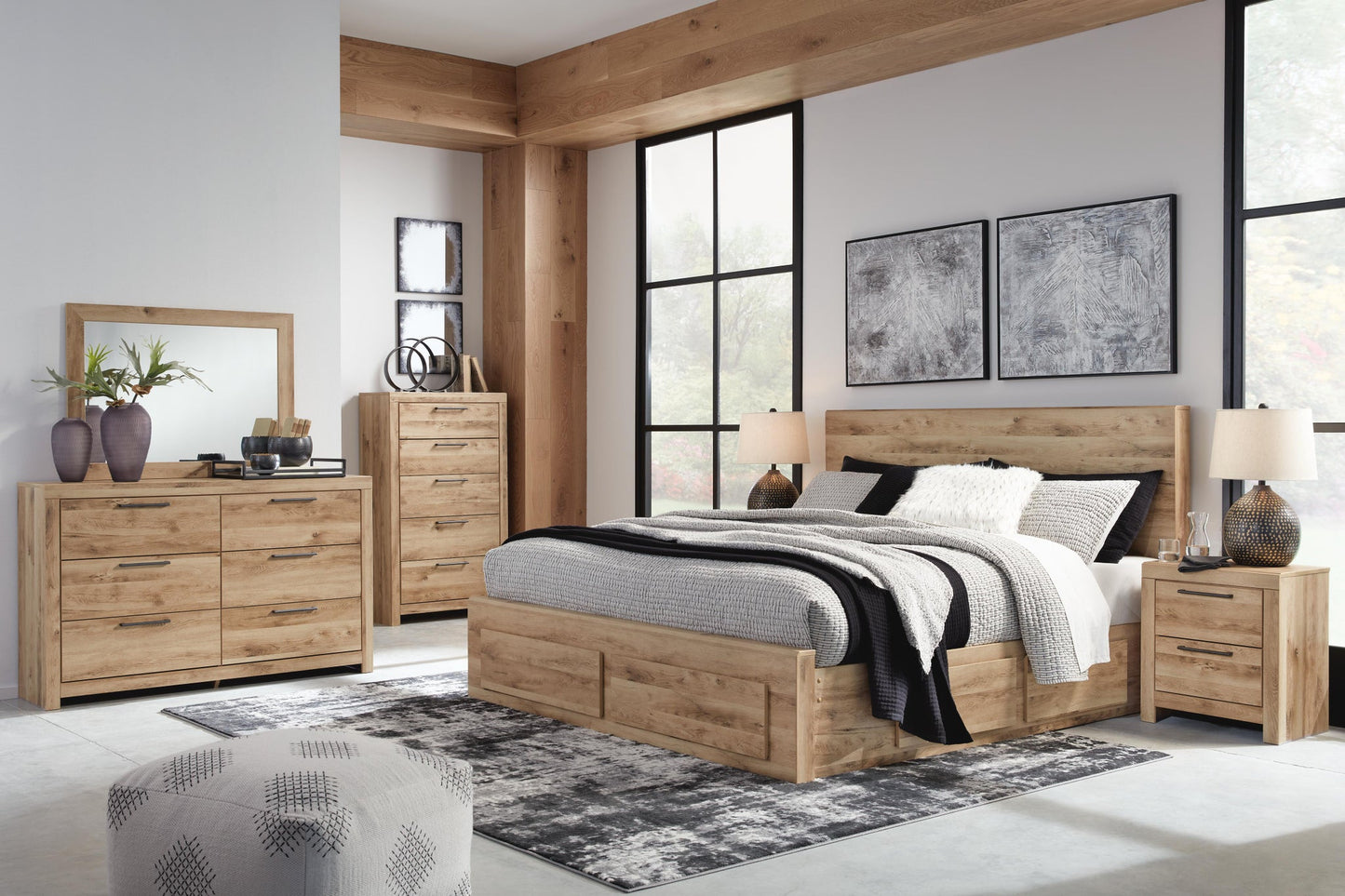 Hyanna  Panel Storage Bed With 2 Under Bed Storage Drawers, Dresser And Mirror