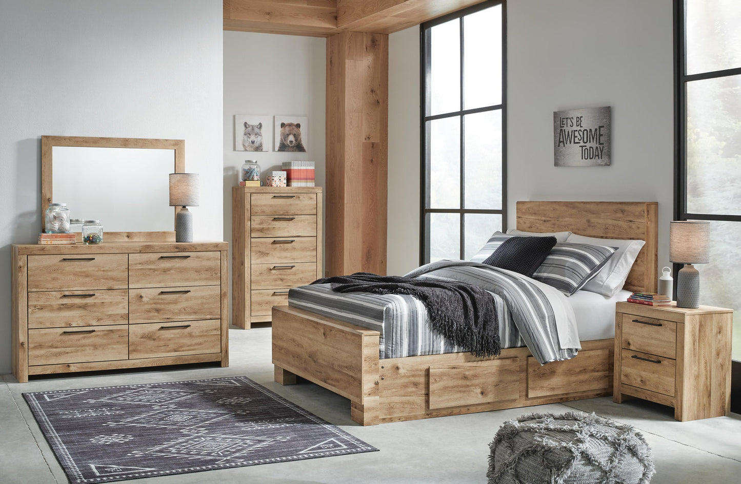 Hyanna  Panel Bed With 1 Side Storage, Dresser, Mirror, Chest And Nightstand