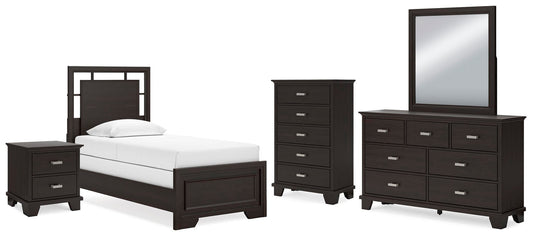 Covetown  Panel Bed, Dresser, Mirror, Chest And Nightstand