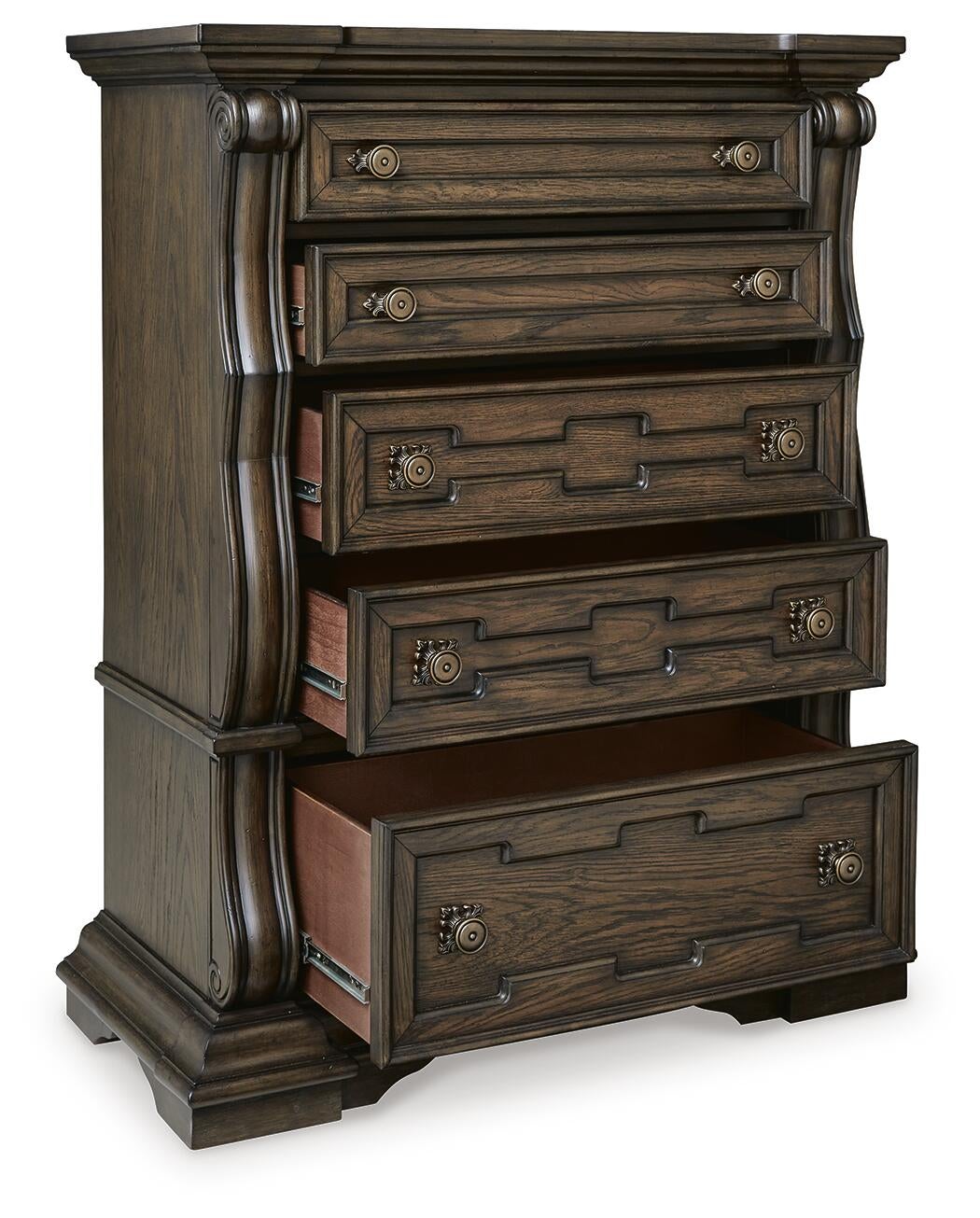Maylee  Upholstered Bed, Dresser, Mirror, Chest And Nightstand