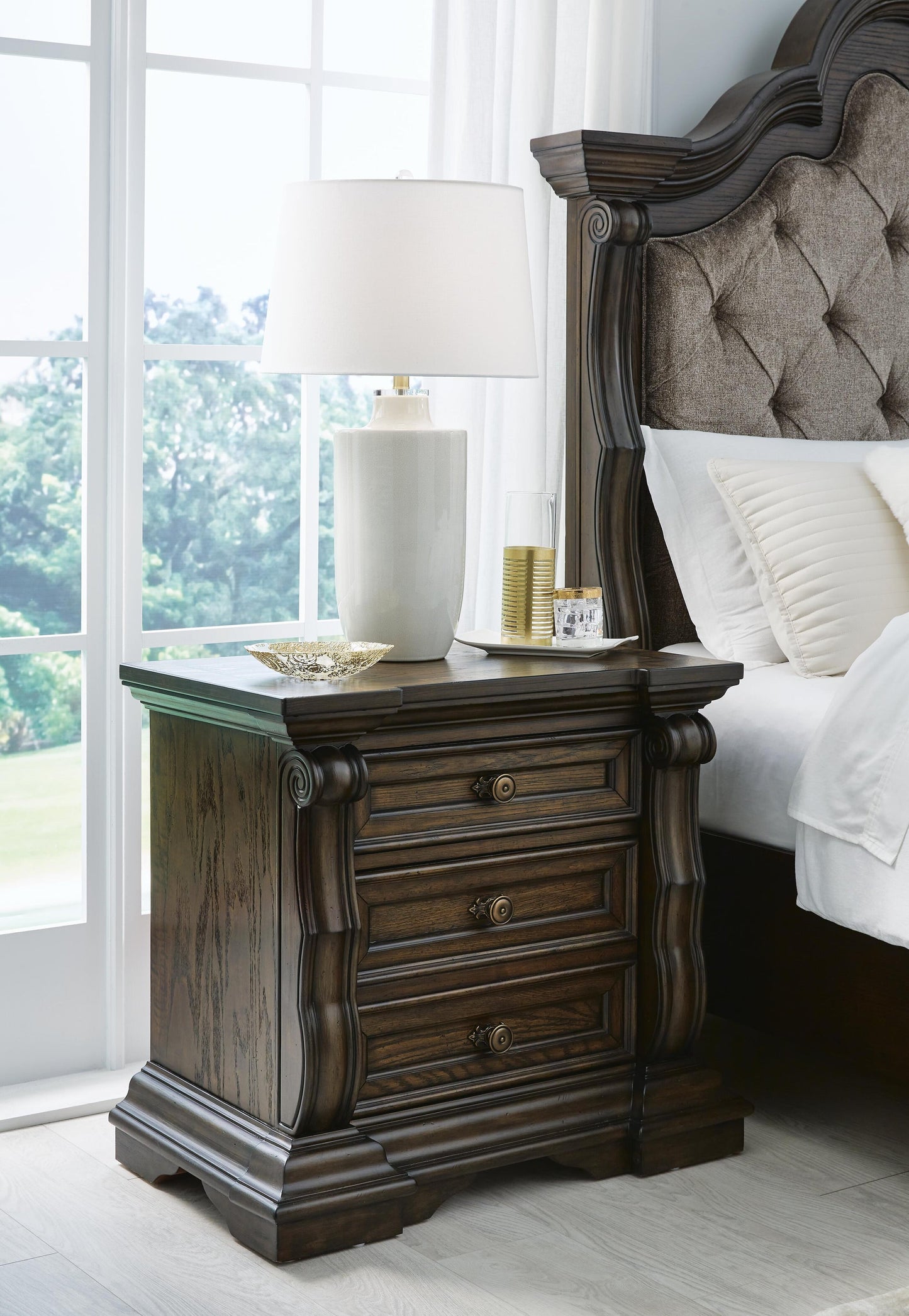 Maylee  Upholstered Bed, Dresser, Mirror, Chest And Nightstand