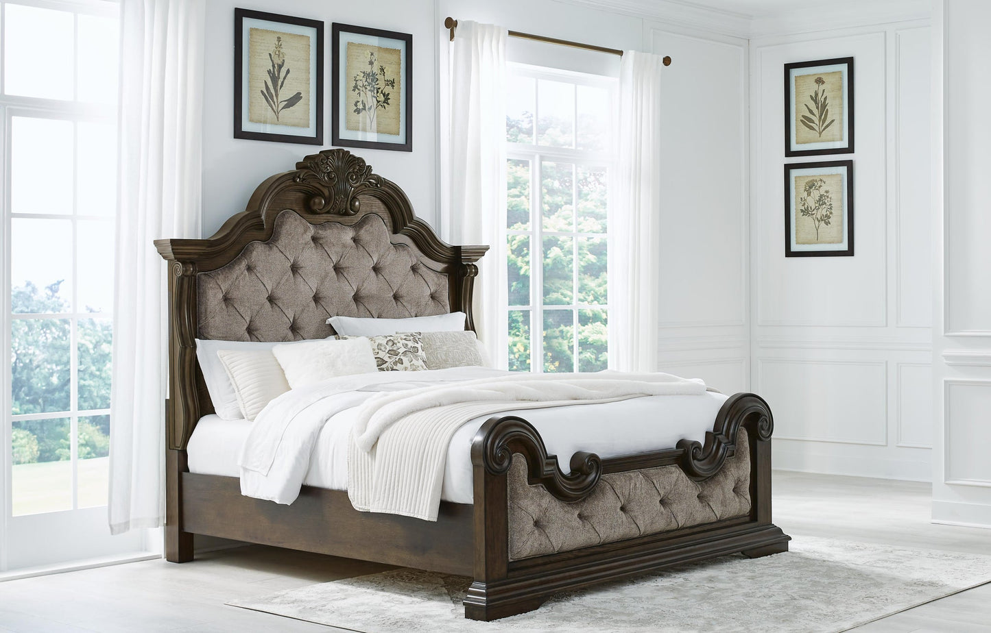 Maylee  Upholstered Bed With Mirrored Dresser And Nightstand