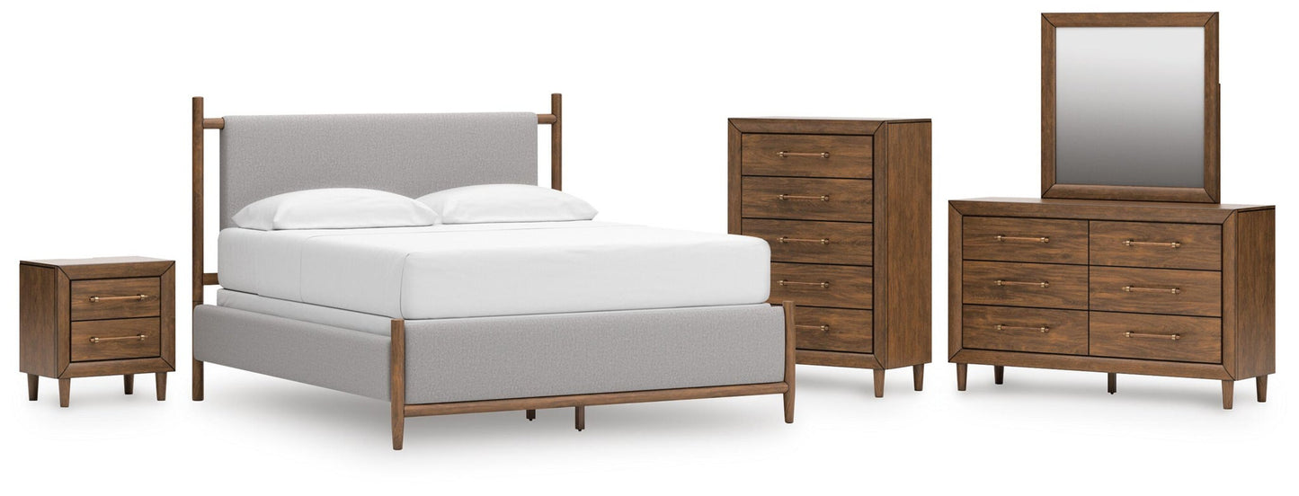 Lyncott  Upholstered Panel Bed, Dresser, Mirror, Chest And Nightstand