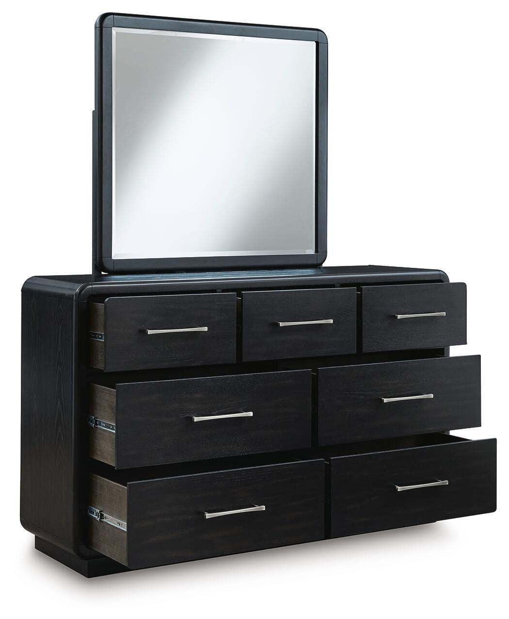 Rowanbeck  Upholstered Panel Bed With Mirrored Dresser And Nightstand