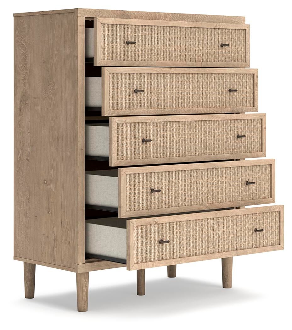 Cielden  Upholstered Panel Bed With Mirrored Dresser, Chest And Nightstand