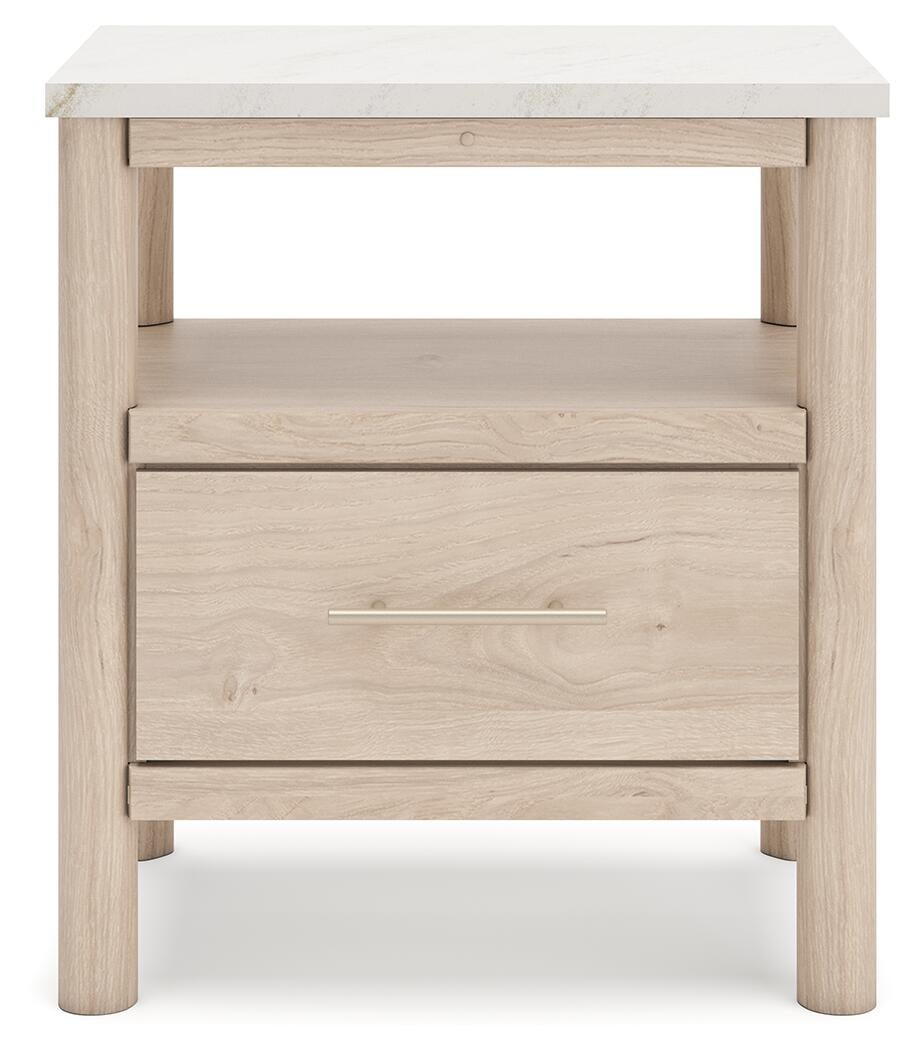 Cadmori  Upholstered Panel Bed With Mirrored Dresser And Nightstand