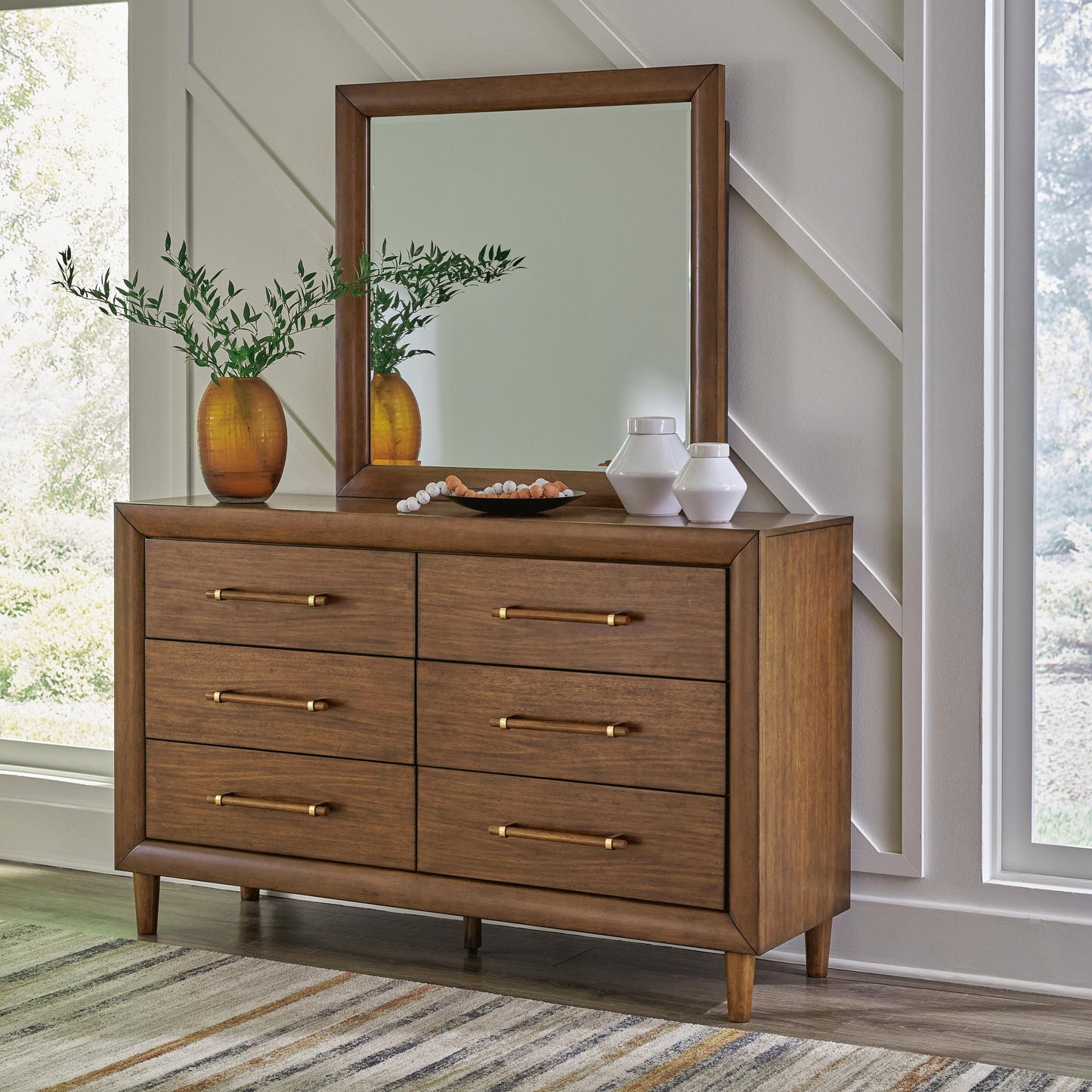 Lyncott California  Upholstered Bed With Mirrored Dresser