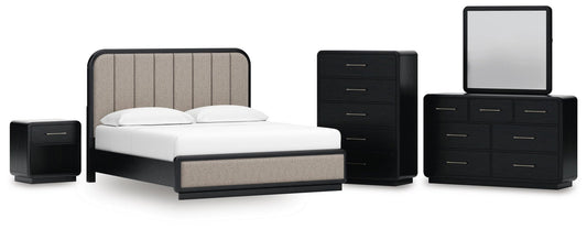 Rowanbeck  Upholstered Panel Bed, Dresser, Mirror, Chest And Nightstand