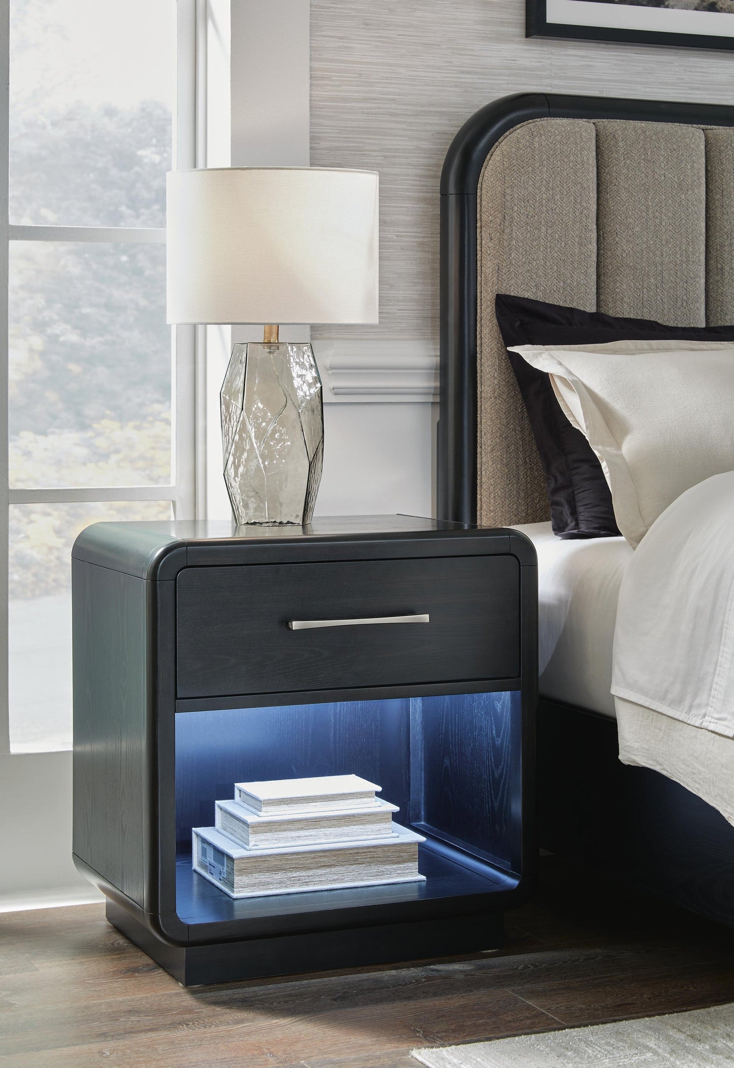 Rowanbeck  Upholstered Panel Bed, Dresser, Mirror, Chest And Nightstand