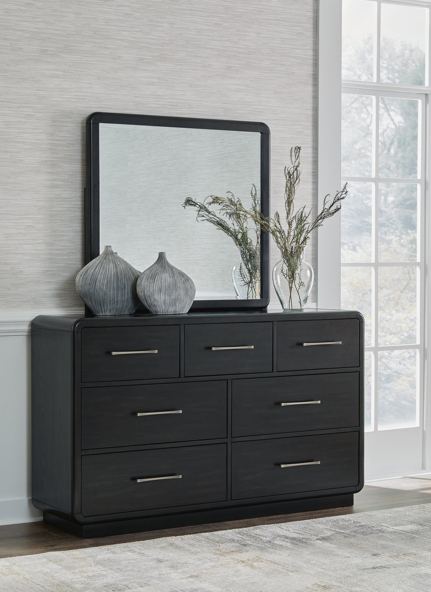 Rowanbeck  Upholstered Panel Bed, Dresser, Mirror And Nightstand