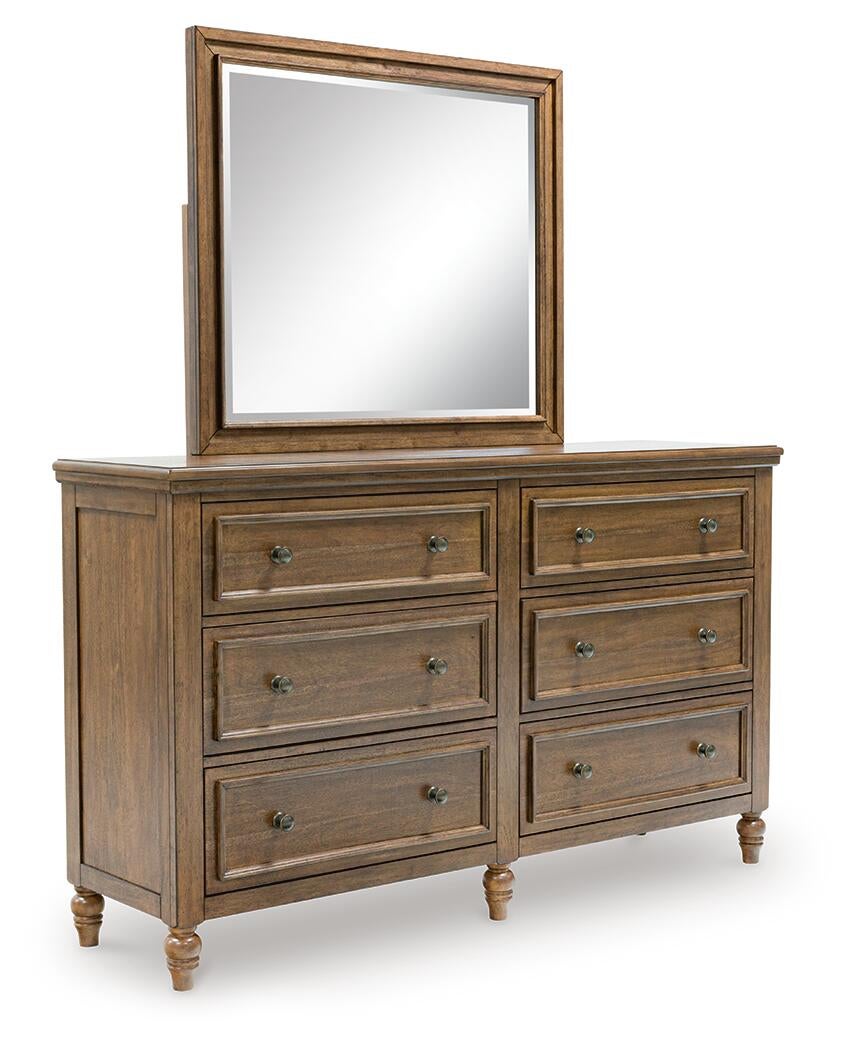 Sturlayne California  Upholstered Panel Bed, Dresser, Mirror And Nightstand