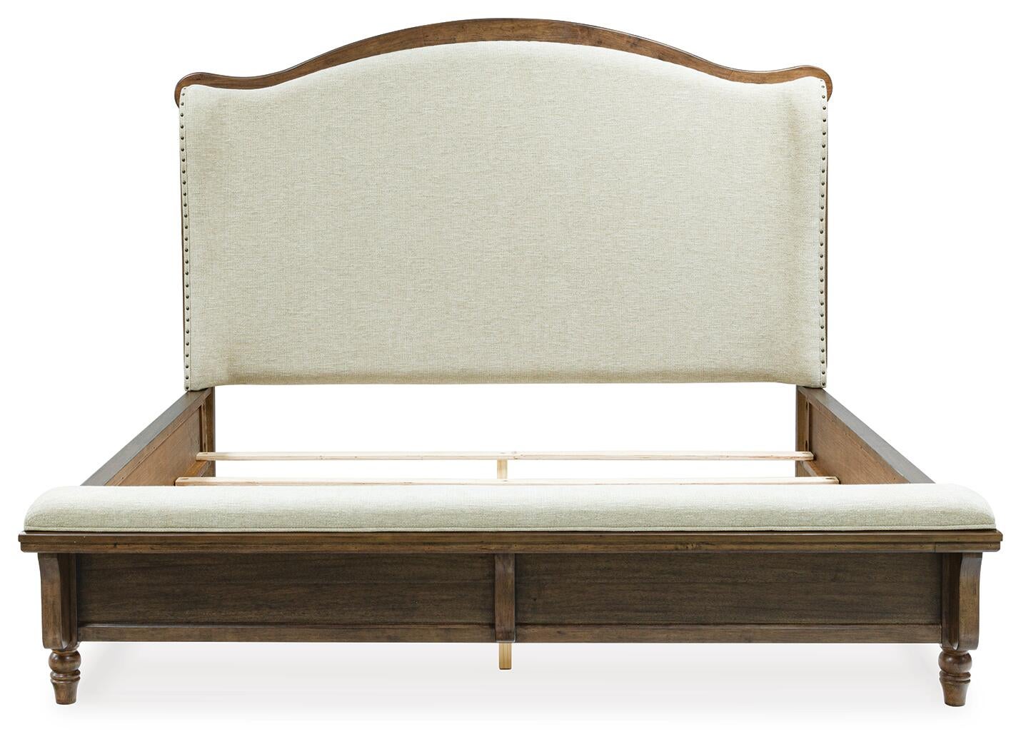 Sturlayne California  Upholstered Panel Bed, Dresser, Mirror And Nightstand