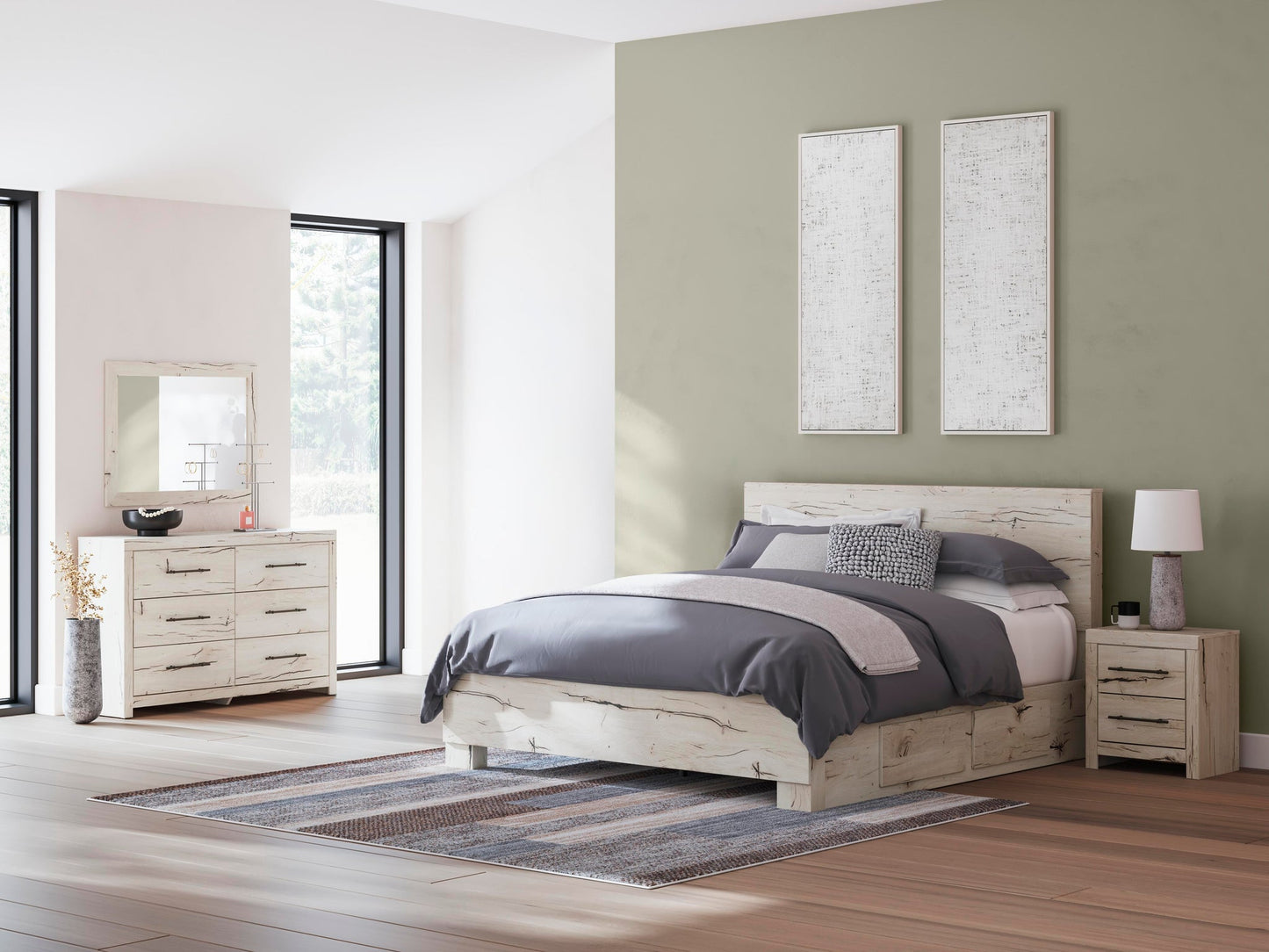 Lawroy  Panel Bed With Storage, Dresser, Mirror And Nightstand