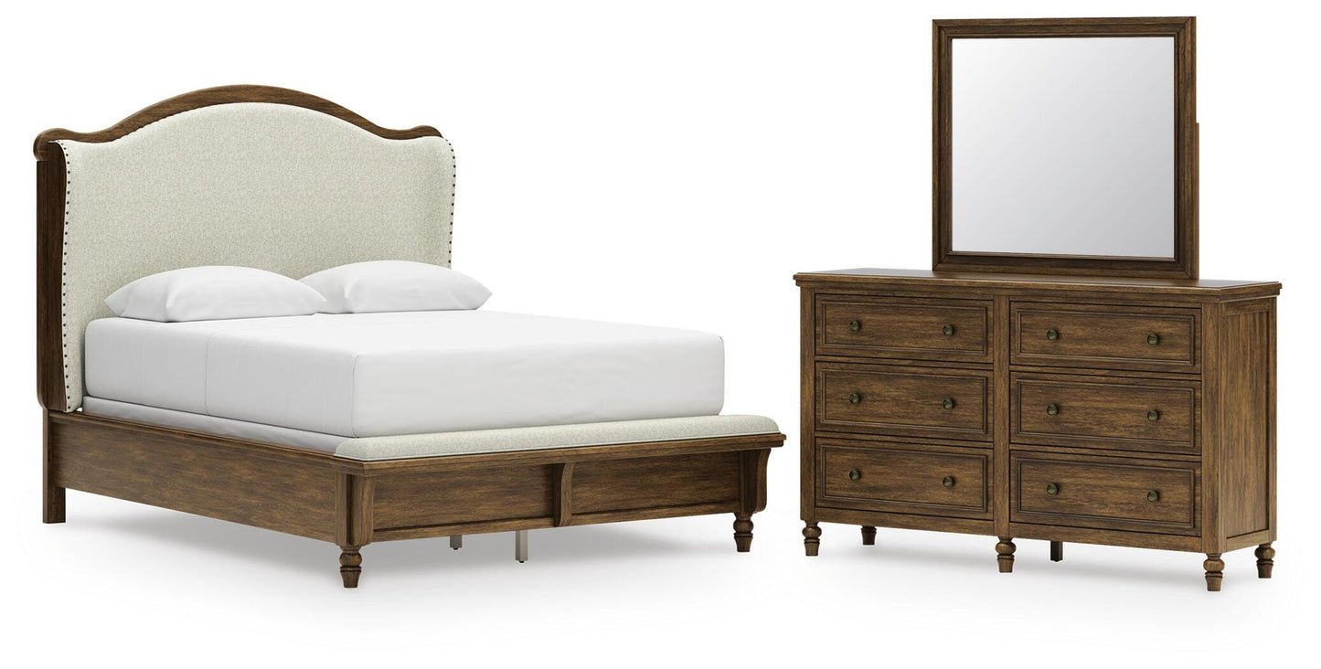 Sturlayne  Upholstered Panel Bed, Dresser And Mirror