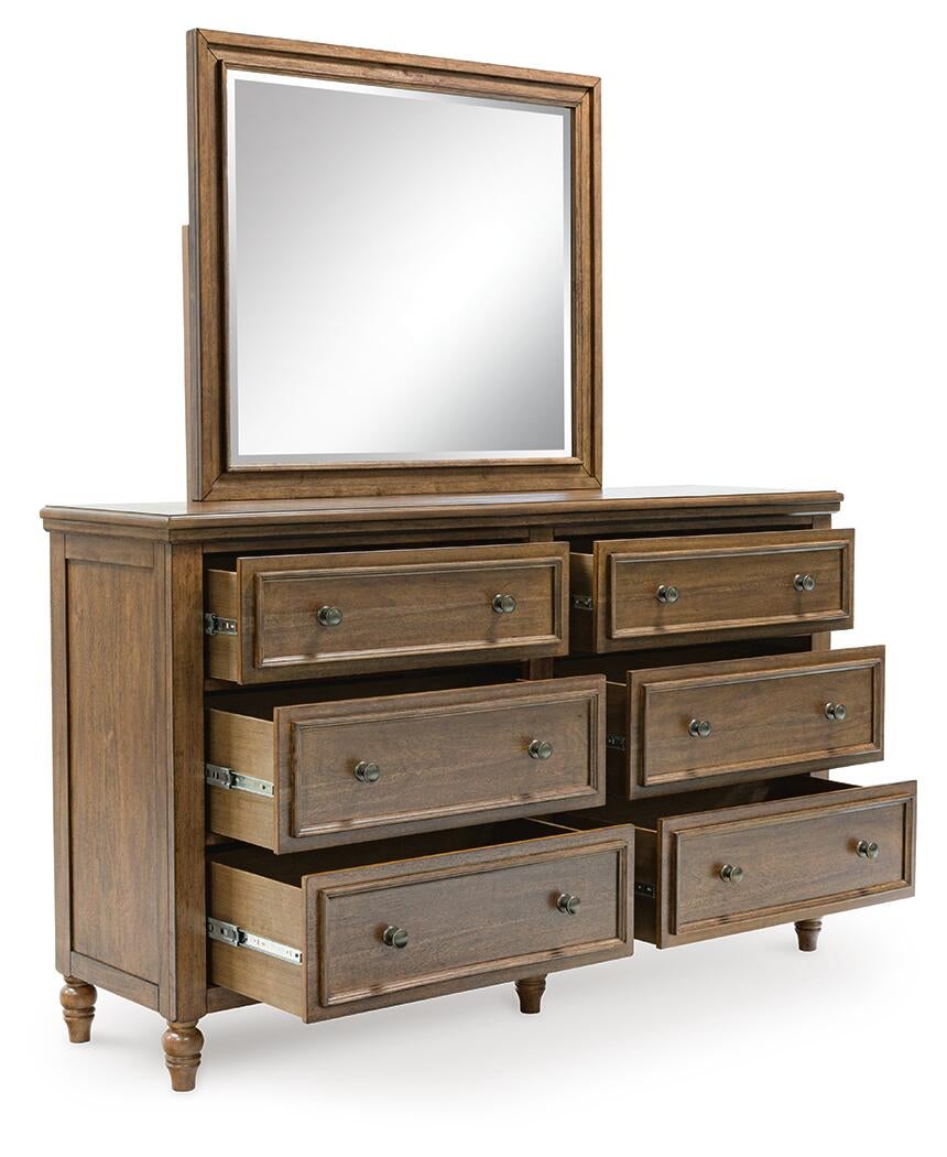 Sturlayne California  Upholstered Panel Bed, Dresser And Mirror