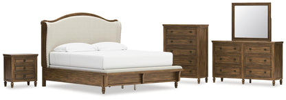Sturlayne  Upholstered Panel Bed, Dresser, Mirror, Chest And Nightstand