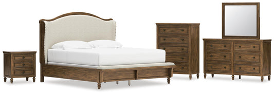Sturlayne  Upholstered Panel Bed, Dresser, Mirror, Chest And Nightstand