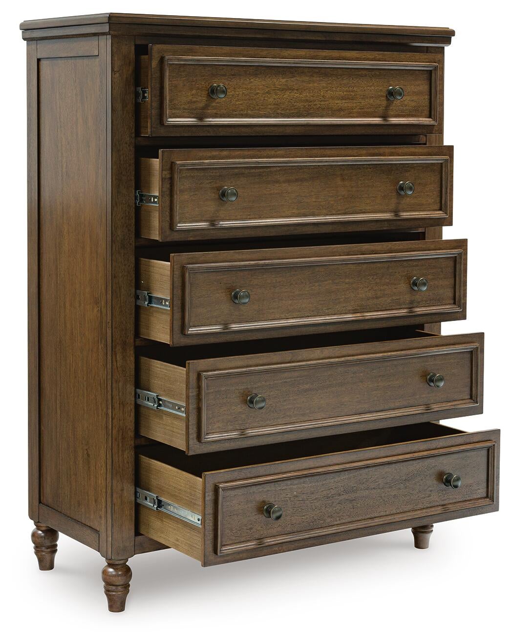 Sturlayne  Upholstered Panel Bed, Dresser, Mirror, Chest And Nightstand