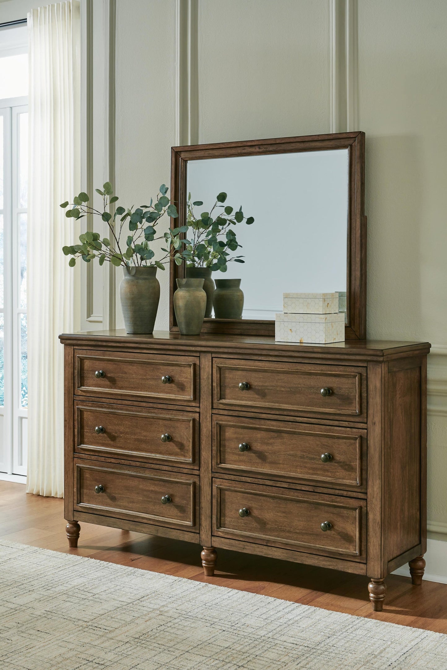 Sturlayne  Upholstered Panel Bed, Dresser, Mirror, Chest And Nightstand
