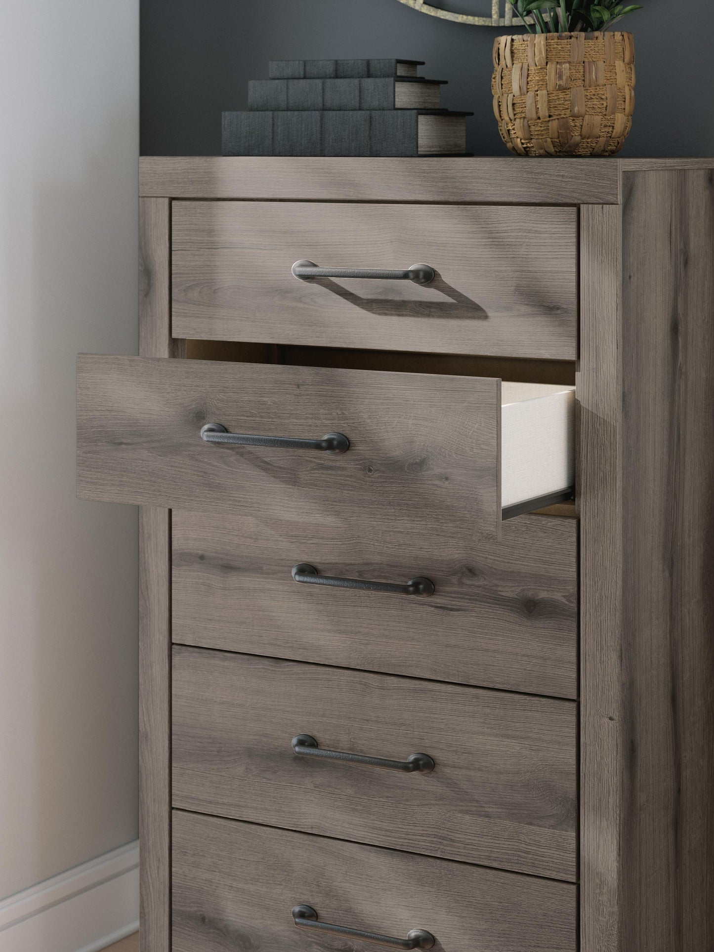 Graystorm  Panel Bed With Storage, Dresser, Mirror, Chest And Nightstand