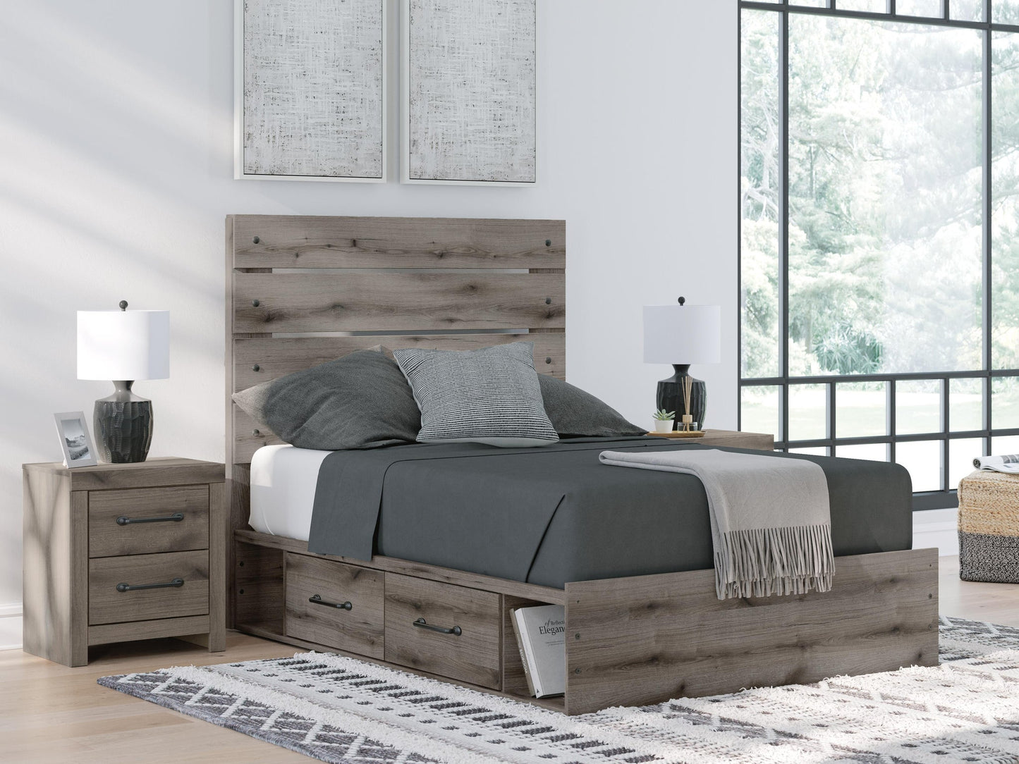Graystorm  Panel Bed With Storage, Dresser, Mirror, Chest And Nightstand