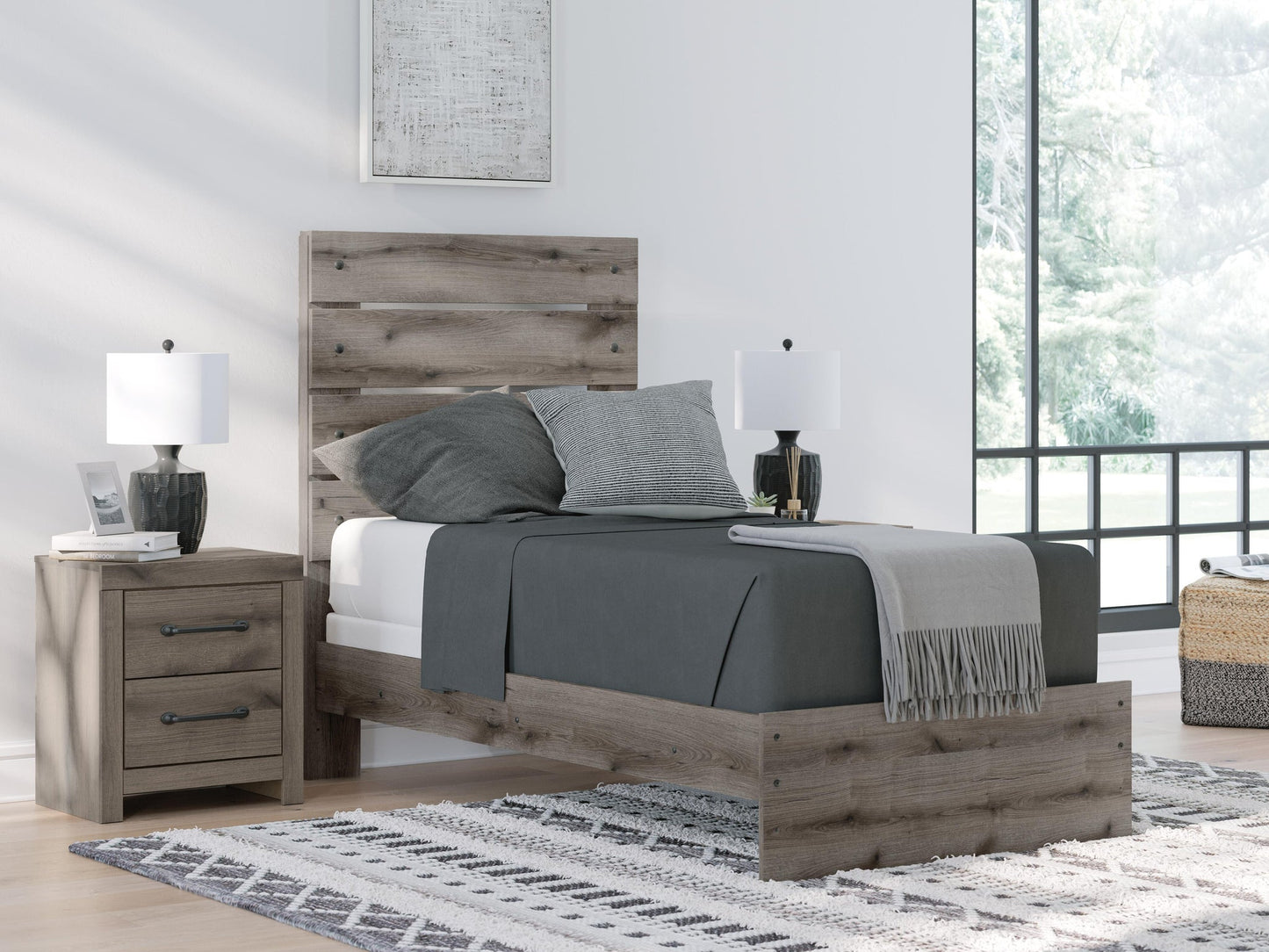 Graystorm  Panel Bed, Dresser, Mirror And Nightstand