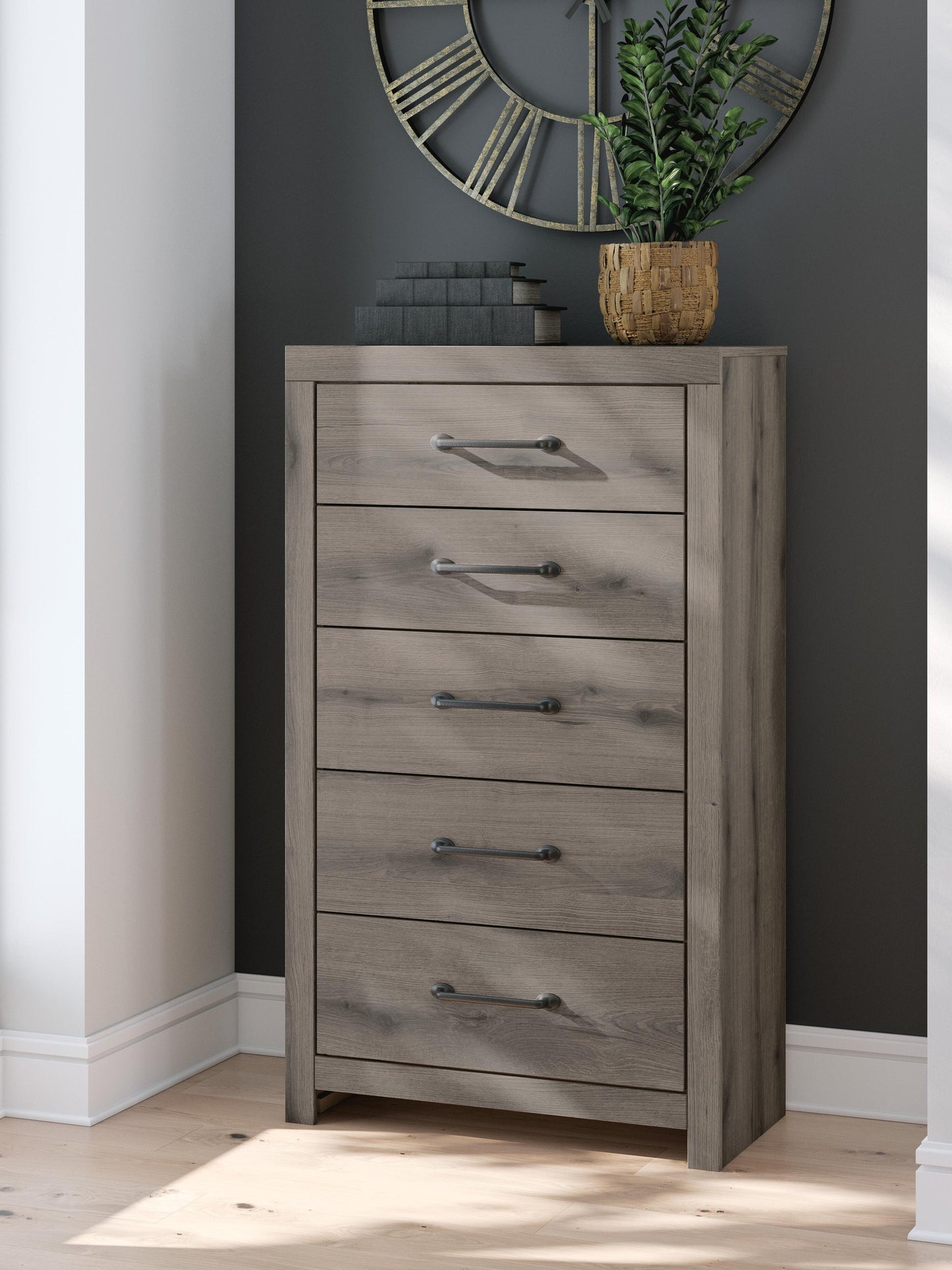 Graystorm  Panel Bed, Dresser, Mirror, Chest And Nightstand
