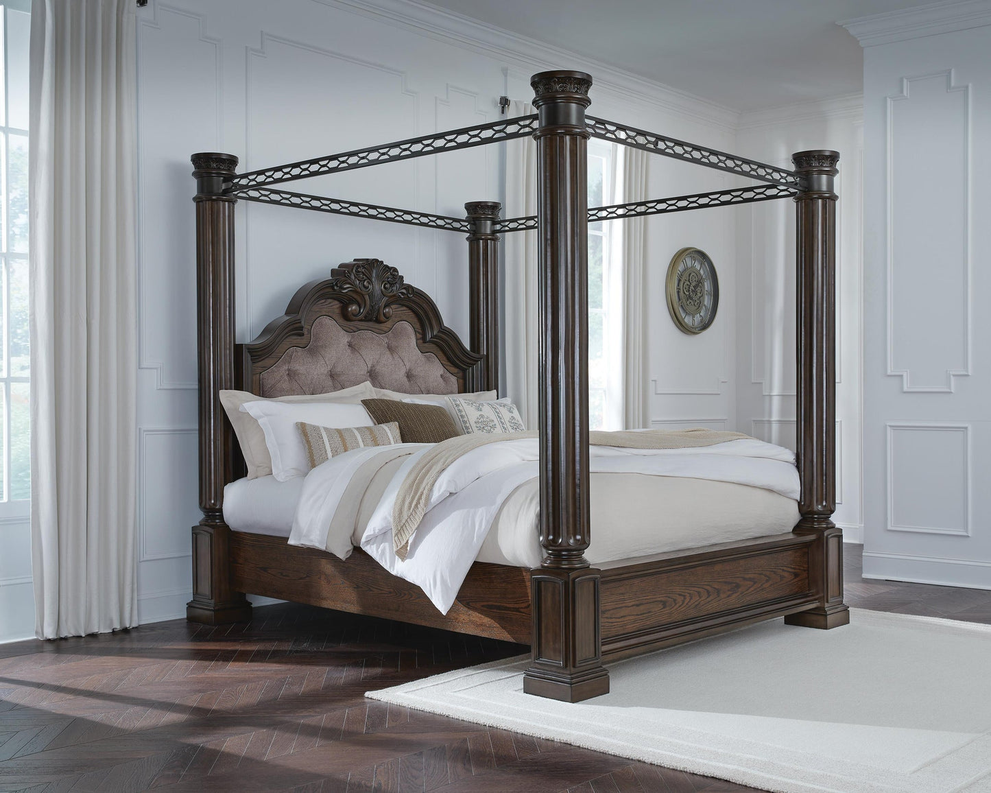 Maylee  Canopy Bed, Dresser, Mirror And Nightstand