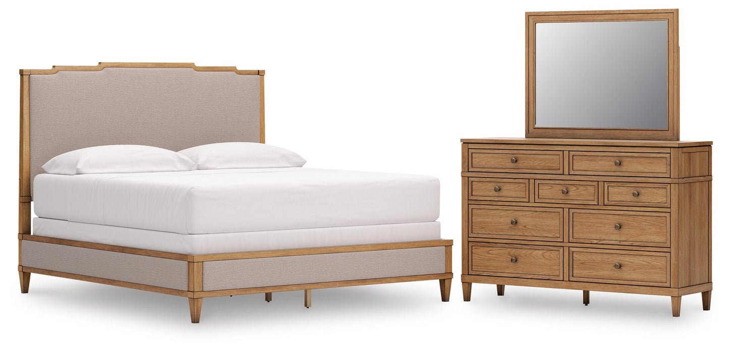 Sharlance  Upholstered Panel Bed, Dresser And Mirror