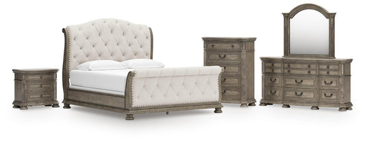 Ardenfield California  Upholstered Sleigh Bed, Dresser, Mirror, Chest And Nightstand